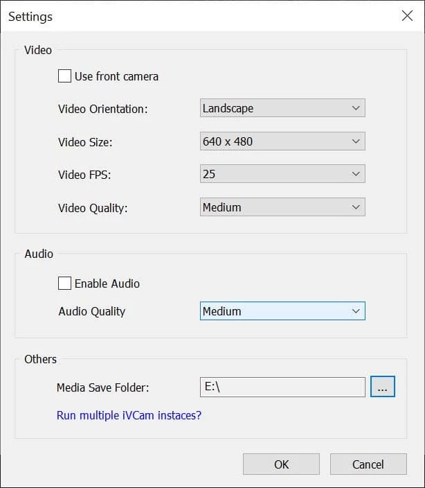 iVCam video and audio settings panel with resolution and FPS controls