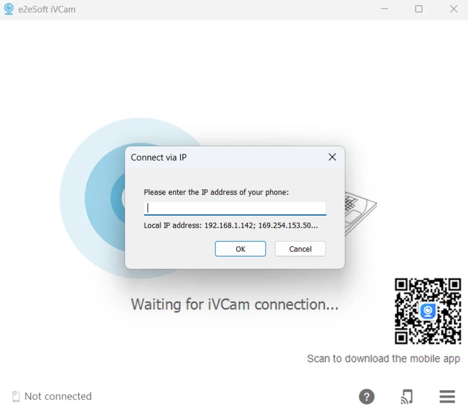 iVCam manual IP connection dialog for same-network device linking