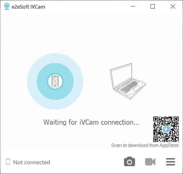 iVCam Windows pairing screen with QR code for the mobile companion app