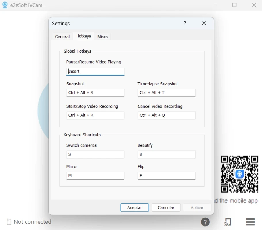 iVCam global hotkeys list for snapshot and recording shortcuts